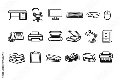 Lost property office equipment in outline vector style: desk, office chair, computer monitor, keyboard, mouse, telephone, printer, scanner, desk lamp, filing