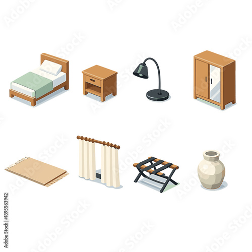 Retreat accommodation room items in isometric flat style: single bed, bedside table, reading lamp, wardrobe cabinet, floor mat, window curtain, luggage rack