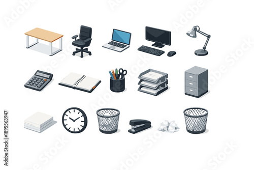 Corporate finance office essentials in isometric flat style: office desk, swivel chair, laptop computer, desktop monitor, keyboard, mouse, desk lamp, calculator