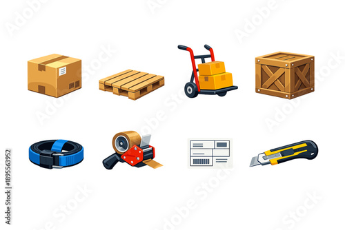 Logistics and goods transfer flat style: cardboard box, wooden pallet, hand truck, cargo crate, packing strap, tape dispenser, shipping label, utility knife