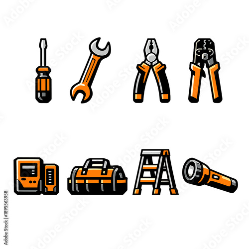 Infrastructure maintenance tools in bold vector style: screwdriver, wrench, pliers, crimping tool, cable tester, tool bag, ladder, flashlight