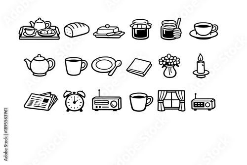 Easter peaceful time quiet morning ritual in outline vector style: breakfast tray, bread loaf, butter dish, jam jar, honey jar, teacup, teapot, coffee mug