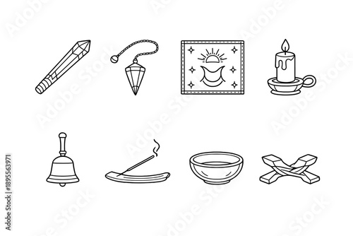 Energy healing studio items in outline vector style: crystal wand, pendulum, altar cloth, candle holder, bell, incense stick, glass bowl, wooden stand