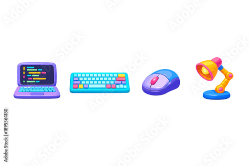 Software developer workstation tools in colourful cartoon 3D style: laptop, keyboard, mouse, desk lamp