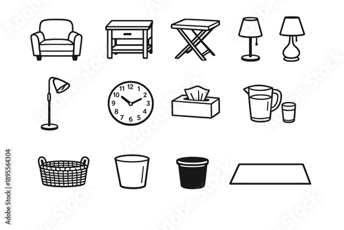 Home Visit Living Area Setup in outline vector style: armchair, side table, tray table, table lamp, floor lamp, wall clock, tissue box, water pitcher, drinking