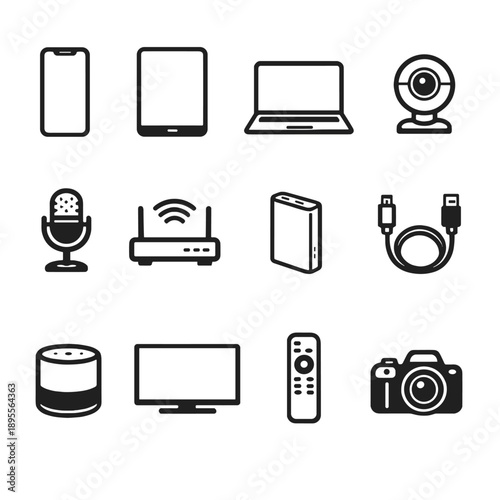 Digital Communication and Media Devices in outline vector style: smartphone, tablet, laptop, webcam, microphone, wireless router, power bank, charging cable