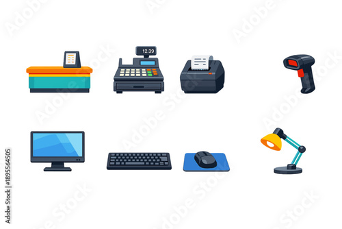 Service counter setup in flat style: counter, cash register, receipt printer, barcode scanner, monitor, keyboard, mouse pad, desk lamp