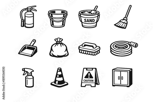 Safety and Cleanup Tools in outline vector style: fire extinguisher, metal bucket, sand bucket, broom, dustpan, trash bag, cleaning brush, water hose, spray