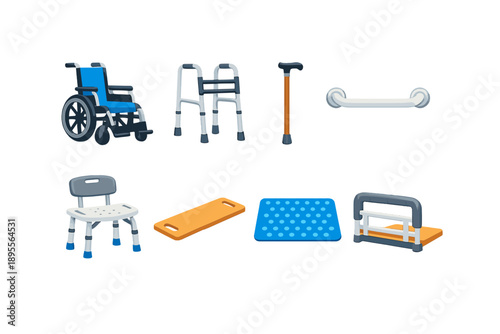 Home care visit mobility support flat style: wheelchair, walker, walking cane, grab bar, shower chair, transfer board, non-slip mat, bedside rail