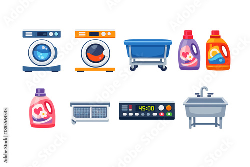 Commercial laundry equipment in flat style: washing machine, dryer, laundry cart, detergent bottle, fabric softener bottle, lint trap, control panel, utility