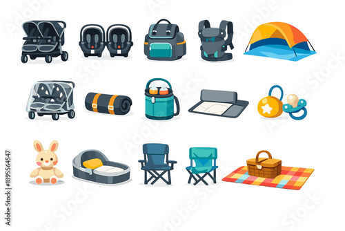 Outings with Twins flat style: twin stroller, car seat, diaper bag backpack, baby carrier, sunshade, rain cover, blanket roll, bottle cooler bag, changing mat