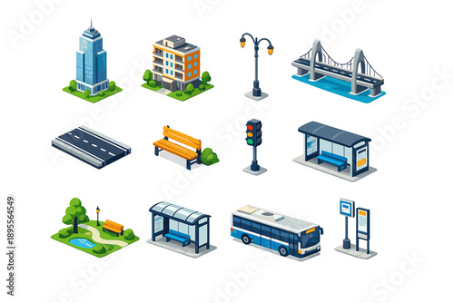 Urban Infrastructure in isometric flat style: skyscraper, apartment building, street lamp, bridge, road, park bench, traffic light, bus stop