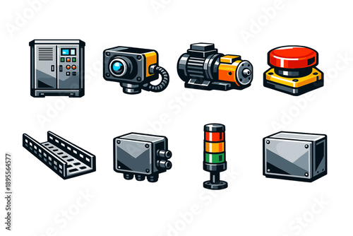 Industrial connected equipment in bold vector style: control cabinet, sensor box, actuator motor, emergency stop button, signal tower light, cable tray