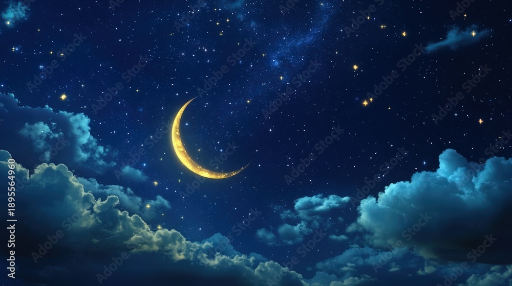 Naklejka premium Crescent Moon Shining Brightly in Starry Night Sky with Clouds