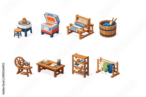 Artisanal production workshop equipment in isometric flat style: potter wheel, kiln, weaving loom, dye vat, spinning wheel, worktable, storage shelf, drying
