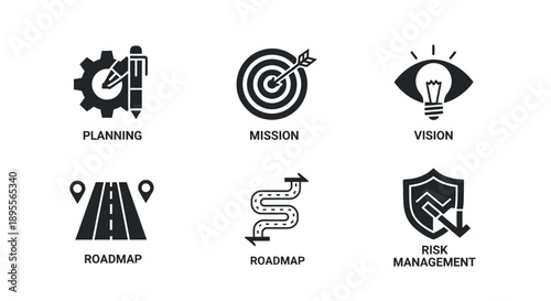 Business Strategy Icons Planning Mission Vision.