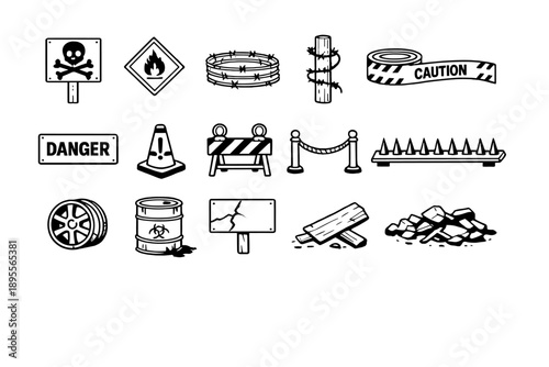 Hazard Warning Objects in outline vector style: skull signboard, hazard placard, barbed wire roll, fence post, caution tape roll, danger sign plate, warning