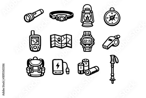 Night Navigation Gear in outline vector style: flashlight, headlamp, lantern, compass, handheld GPS unit, map booklet, wristwatch, whistle, backpack, power bank