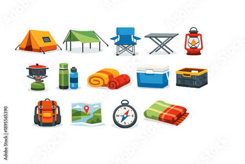 Field Station and Shelter flat style: tent, tarp, folding chair, folding table, lantern, camping stove, thermos, water bottle, blanket, cushion, cooler box