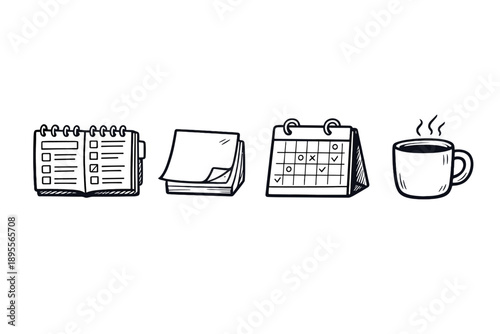 Subscription management daily items in doodle style: planner, sticky note pad, calendar, coffee mug