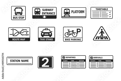 Transportation Information Signs in outline vector style: bus stop sign, subway entrance sign, platform sign, timetable board, route map sign, taxi stand sign