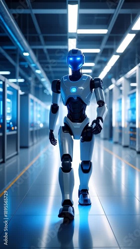 Futuristic robot with glowing blue eyes walks down a sterile, modern corridor