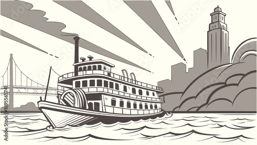 Cincinnati skyline with paddle steamer cruises, bridge, and cityscape buildings. Suitable for travel brochures, nautical themes, and city promotions.