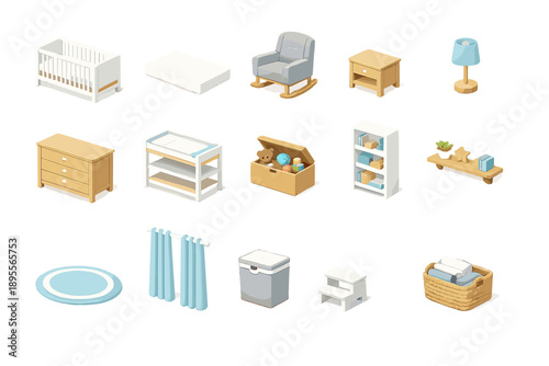 Baby care nursery furniture in isometric flat style: crib, mattress, rocking chair, nightstand, table lamp, dresser, changing table, toy chest, bookshelf, wall