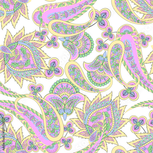 Madhubani, Kalamkari, Chinz, and Kani seamless vector pattern. Shirting fabric, Ajrakh and Ikat styles. Patola backdrop. Floral allover design