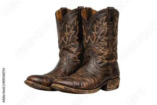Vintage brown leather cowboy boots with western stitching, representing ranch life, fashion, and tradition, on transparent background