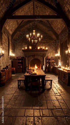 Medieval banquet hall with crackling fireplace and ornate chandelier