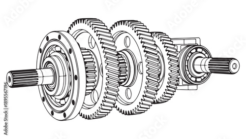 Technical Blueprint Style Illustration of Mechanical Gearbox Components