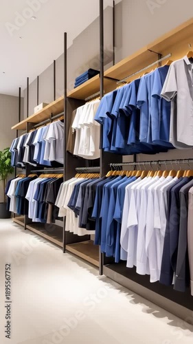Modern clothing store interior displaying neatly arranged blue and white shirts on racks