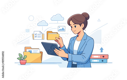 Businesswoman organizing digital files on tablet with cloud storage in office illustration