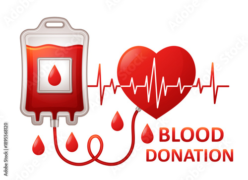 Blood donation world donor day, medical liquid bloody plasma cell transfusion bag, heart shape and red drops. Save human life. Health care. Medicine laboratory banking pack. Hospital treatment. Vector