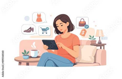 Woman shopping online with tablet on sofa and coffee, digital retail illustration
