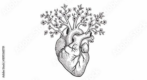 Anatomical heart with blooming branches and flowers growing from top.