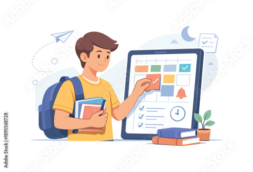 Student organizing schedule on digital planner with books and backpack