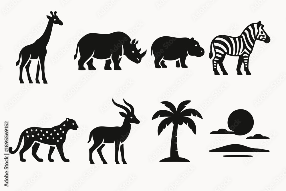 Fototapeta premium Silhouette collection of african wildlife and nature elements on white background