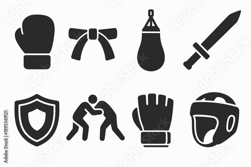 Martial arts icons: gloves, belt, punching bag, sword, shield, grappling, glove, helmet set