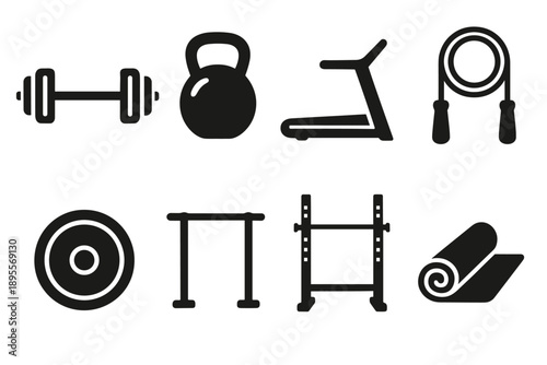 Essential gym equipment icons for fitness and workout design projects
