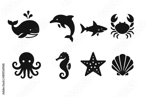 Ocean silhouettes: marine life icons featuring whales, dolphins, and more