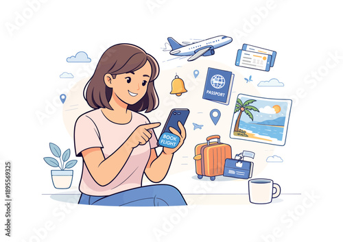 Woman booking flight on mobile app with travel essentials around