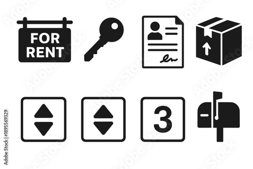 Real estate and delivery icon set with documents and symbols for rent and shipping