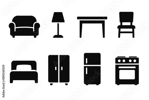 Minimalist household furniture and appliances icons set in silhouette style