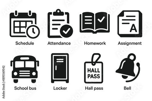School icon set featuring schedule, homework, and school bus in bold silhouette style
