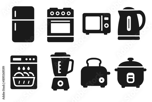 Kitchen appliance icons set: flat black silhouettes of common household devices