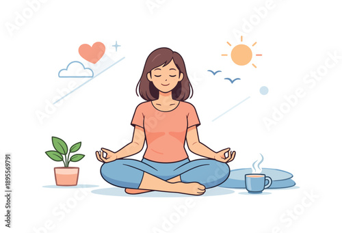 Woman meditating outdoors with coffee and plants in relaxing setting