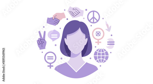Woman with symbols of equality and peace around her.