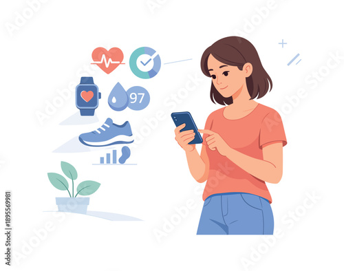 Woman tracking fitness goals on smartphone with health app